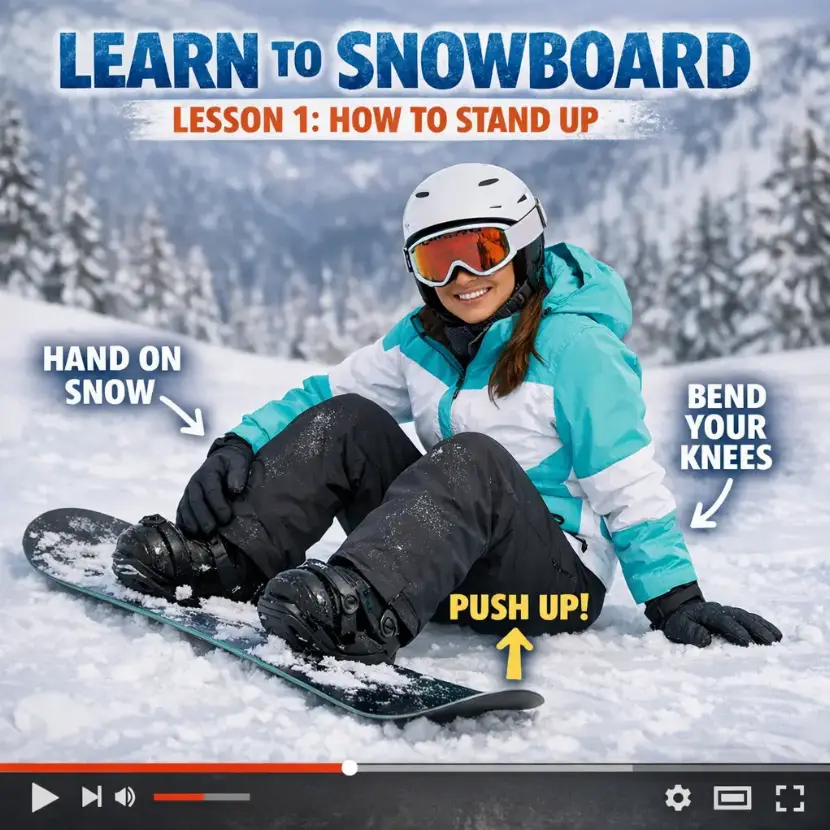 product Snowboarding eLearning Course display image snowboarding-elearning-course-online-snowboarding-course-display-photo-one-learning-how-to-stand-upwebp96-2