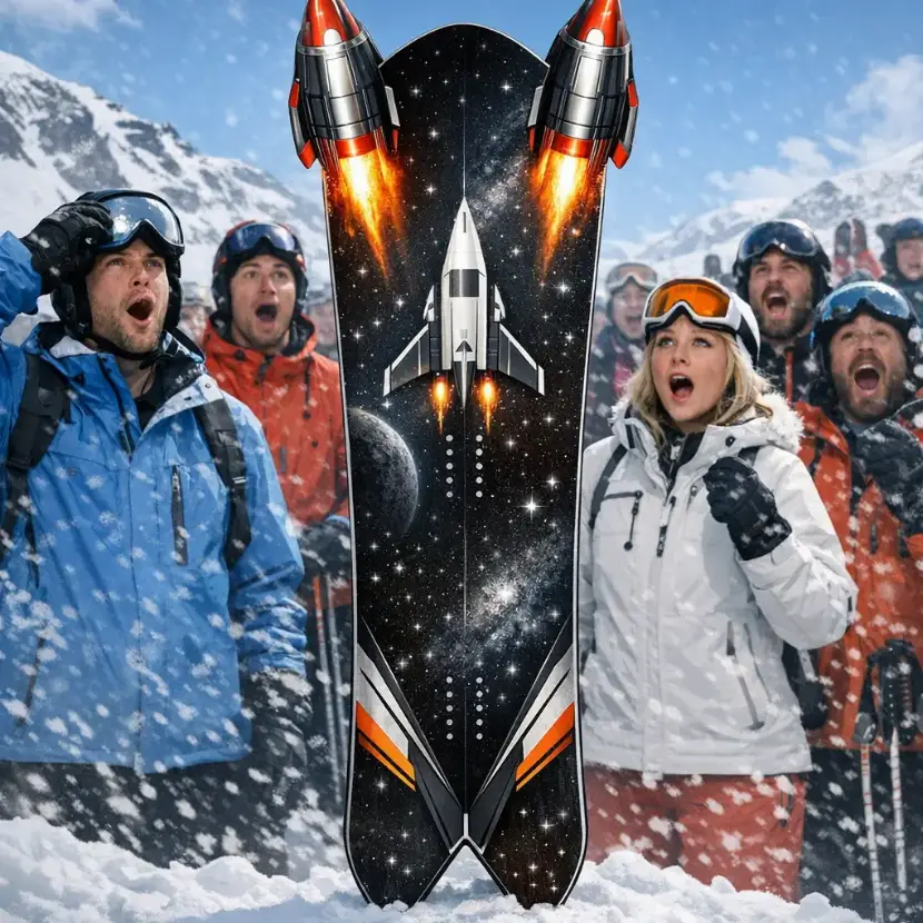 product Twin Tip Rocket Snowboard display image twin-tip-rocket-snowboard-product-image-for-a-directional-snowboard-with-a-twin-v-tail-and-rockets-at-the-tips-background-has-crowd-of-skiers-in-amazement-watching-and-being-mad-jealouswebp0-0