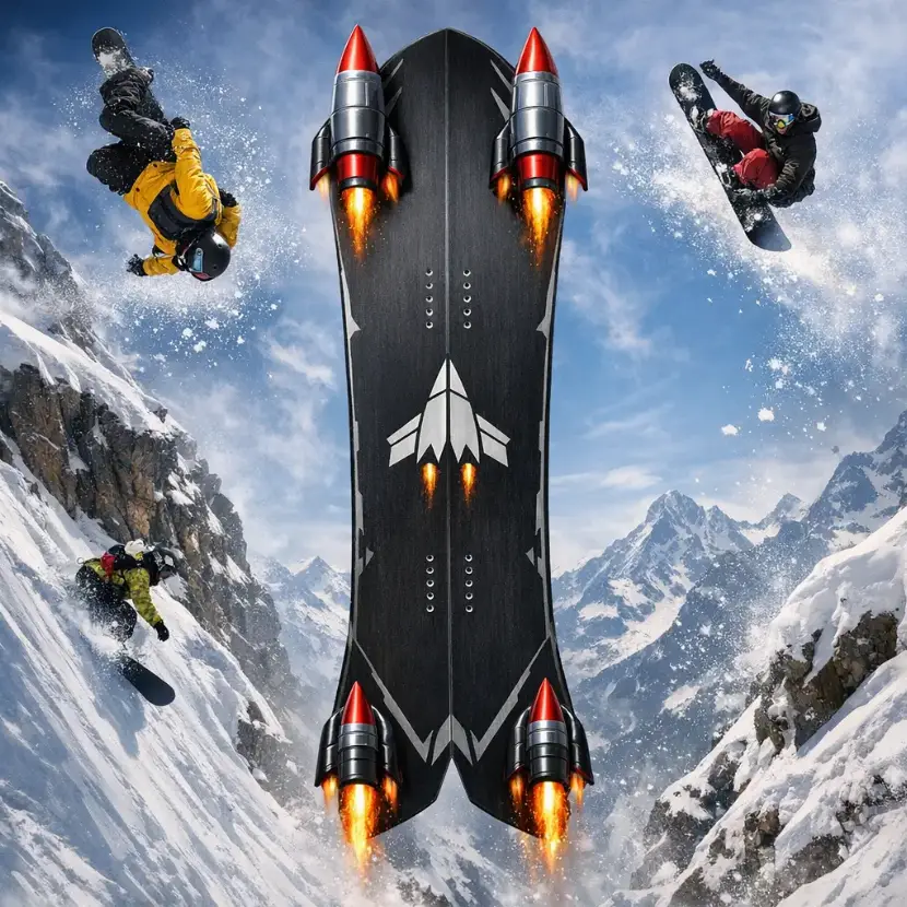 product Twin Tip Rocket Snowboard display image twin-tip-rocket-snowboard-product-image-for-a-directional-snowboard-with-a-twin-v-tail-and-rockets-at-the-tips-background-has-people-doing-massive-extreme-tricks-while-on-the-boardwebp19-1