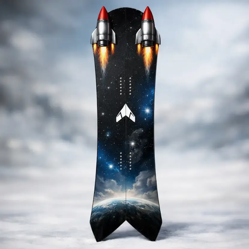 product Twin Tip Rocket Snowboard display image twin-tip-rocket-snowboard-product-image-for-a-directional-snowboard-with-a-twin-v-tail-and-rockets-at-the-tips-hyper-realistic-close-up-of-the-board-but-the-whole-board-is-in-view-blurred-backgroundwebp74-2